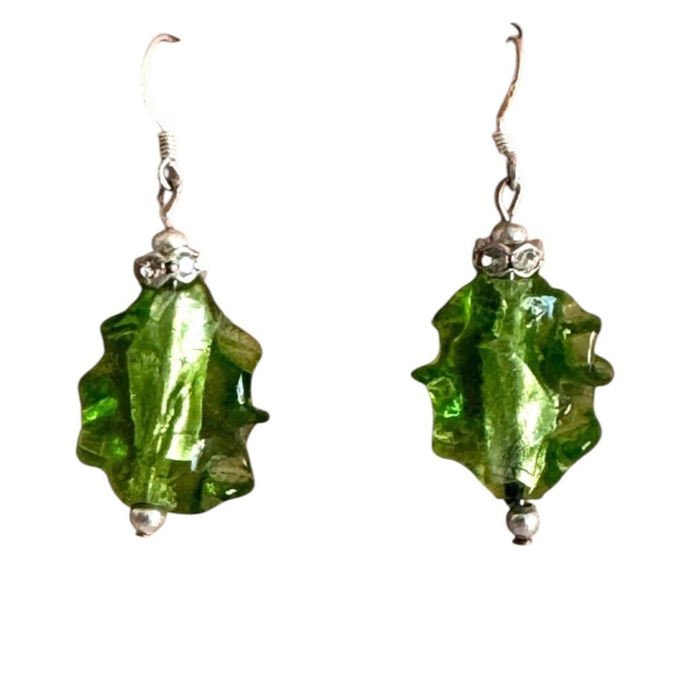 Green Murano Ruffle .925 Sterling Silver Earrings #373